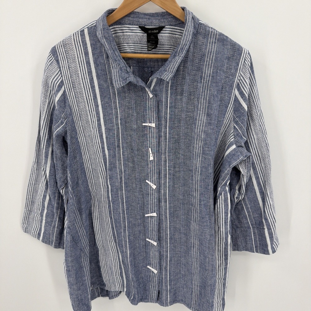 Ali Miles Sz 2X Blue Striped Artsy Lagenlook Shirt Button Blouse Linen Cotton